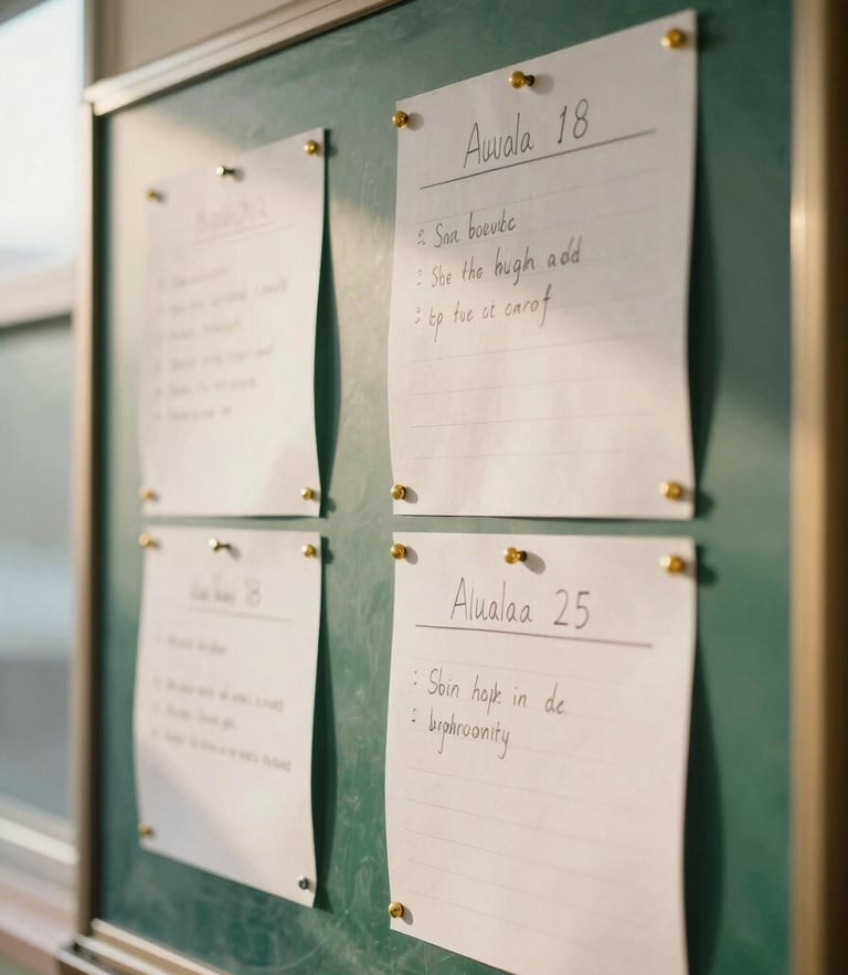 Eye-level warm shot of a school notice board with neat hand-written announcements, gold pins, soft morning light filtering through a window, shallow depth of field