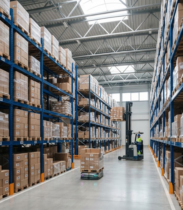 A clean, modern logistics warehouse interior with organized high shelving, bright neutral daylight, professional commercial photography, 35mm lens.