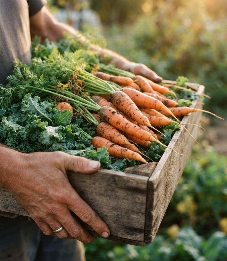 Close-up of hands holding a rustic wooden crate overflowing with vibrant freshly harvested carrots and green kale, warm golden hour sunlight, shallow depth of field