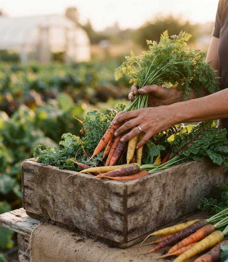 Warm editorial photograph of hands gently placing fresh Snohomish county carrots and green vegetables into a rustic wooden crate, soft natural golden hour light, shallow depth of field