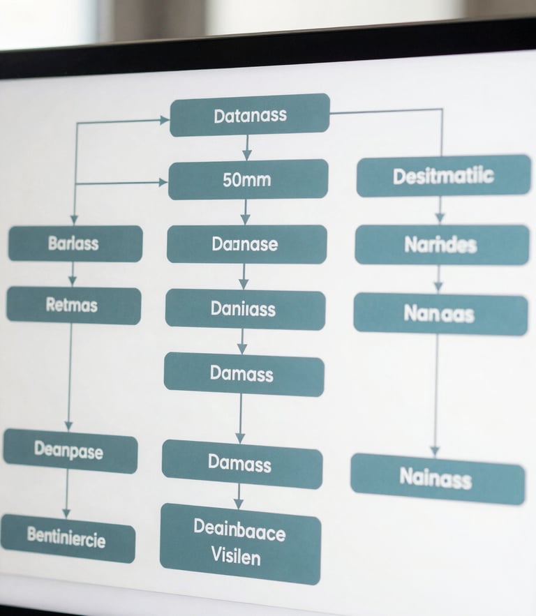 A clean architectural schematic diagram of a database structure on a high-resolution display, cool natural daylight, sharp focus, 50mm lens.