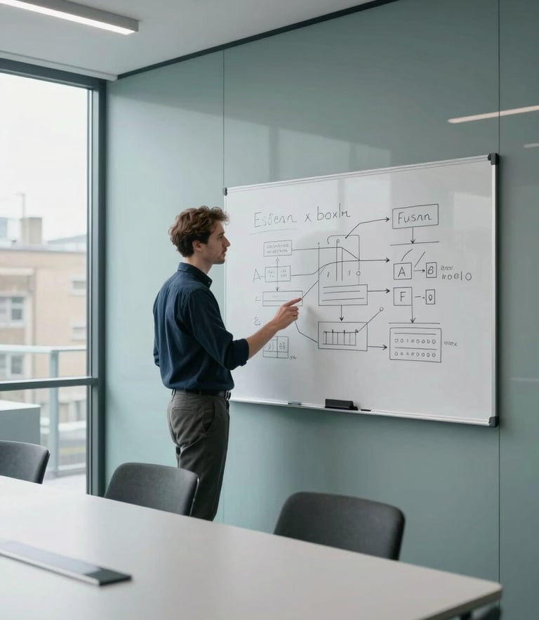 A modern minimalist meeting room in Hayes, England, clean glass walls, daylight, cool tones, a software engineer explaining system design on a white board.