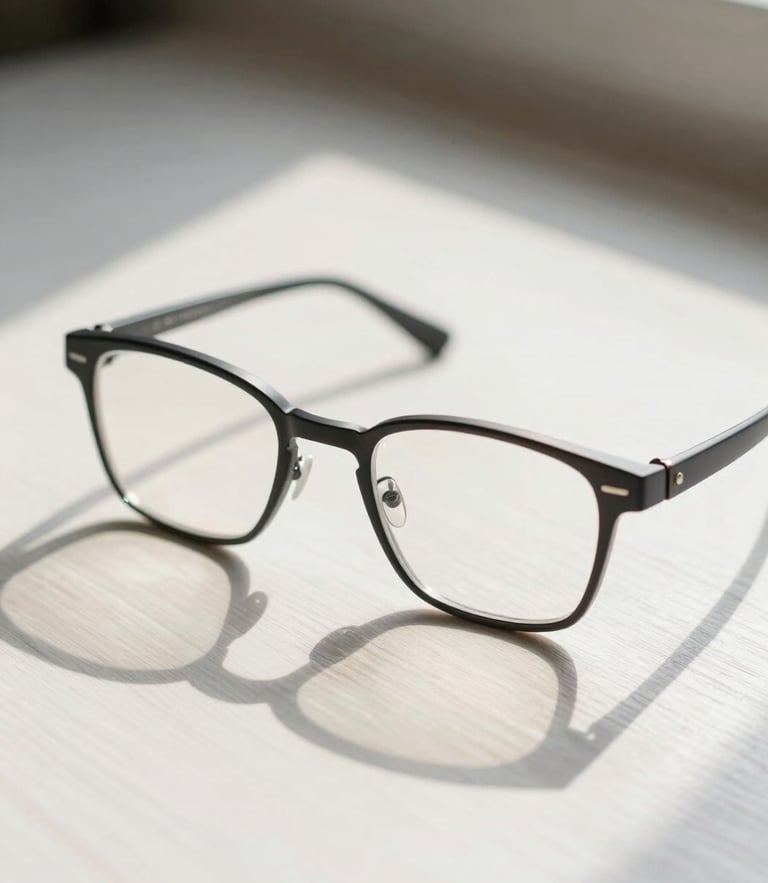A close-up shot of modern eyeglasses resting on a clean white wooden table, bright natural morning light, soft shadows.