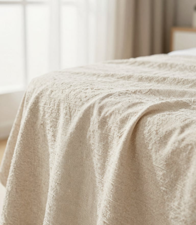 Macro photograph of clean linen textile texture, soft morning light, clinical and pristine look, neutral beige tones