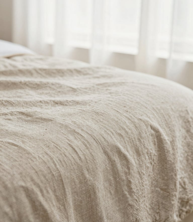 Macro photograph of clean linen fabric texture, soft diffused morning light, neutral beige tones, sharp focus on textile weave