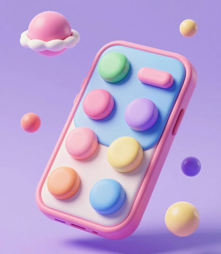 A whimsical 3D render of a glossy clay smartphone with squishy pastel buttons floating in a soft lavender space, isometric angle, retro-futuristic style.