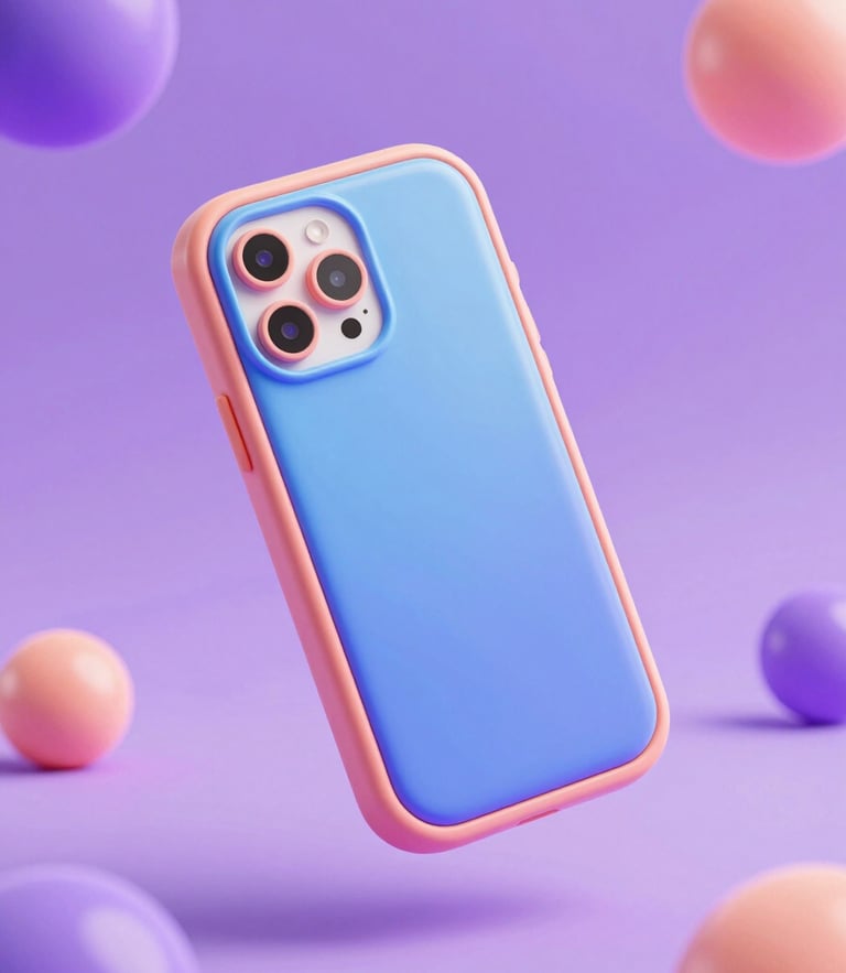 Vibrant 3D render of a glossy clay smartphone floating in a soft lavender space, playful isometric depth of field, neon peach glow