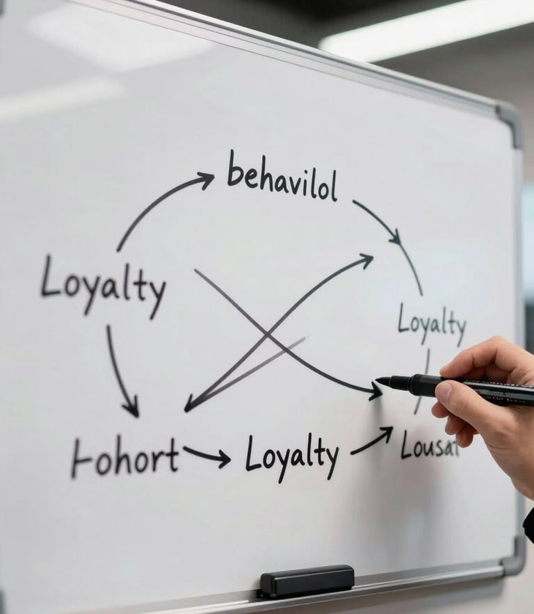 Macro high-contrast photograph of a physical whiteboard with hand-sketched behavioral loyalty loops and cohort decay curves, sharp side lighting, clean obsidian markers, modern workspace background.
