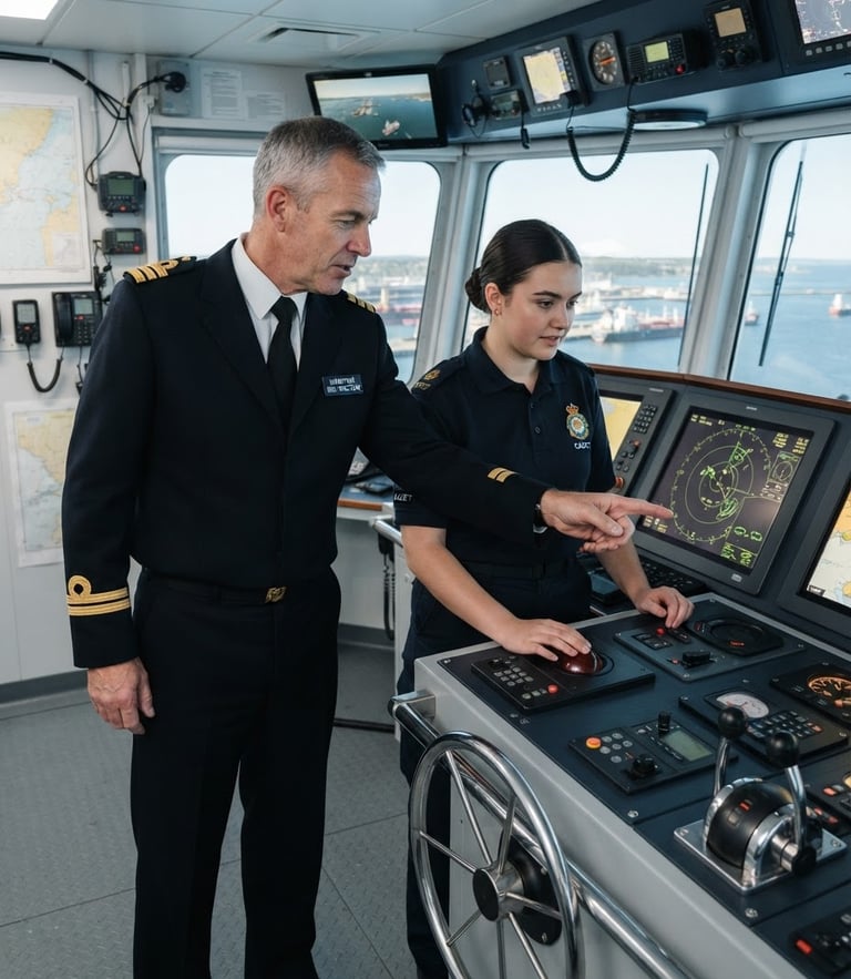 A professional maritime instructor in a crisp white officer uniform guiding a student in a simulated ship environment, bright clean natural daylight, 35mm lens