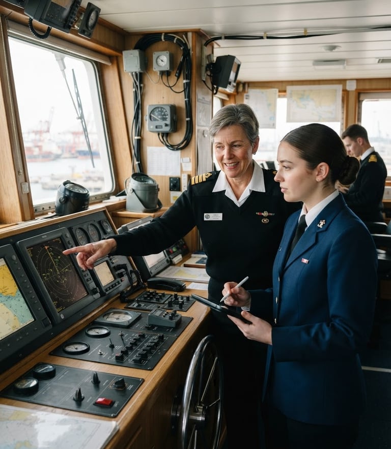 Crisp editorial photography of a maritime officer instructor in a sharp navy and white uniform guiding a student in a simulated ship cabin, bright natural daylight, 35mm lens, sharp focus