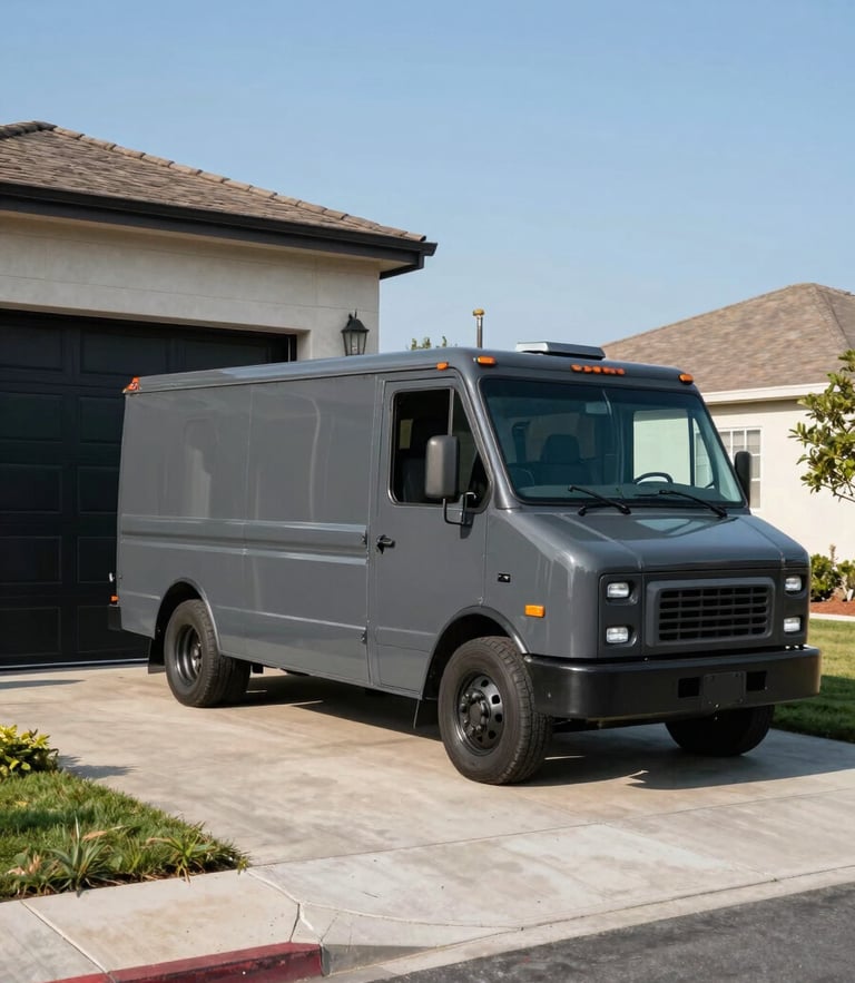 Wide-angle daylight shot of a clean, dark grey service truck parked on a suburban Fair Oaks driveway, a newly installed modern black garage door in the background, sharp sunlight.