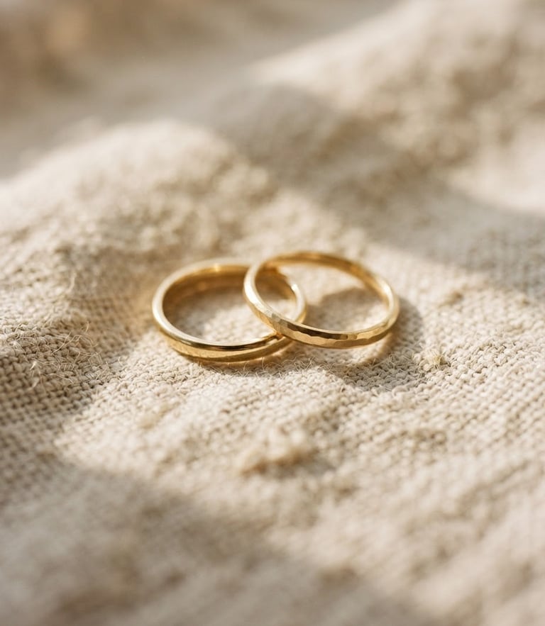 Macro shot of minimalist gold rings on a soft linen fabric, warm morning light, elegant shadow play