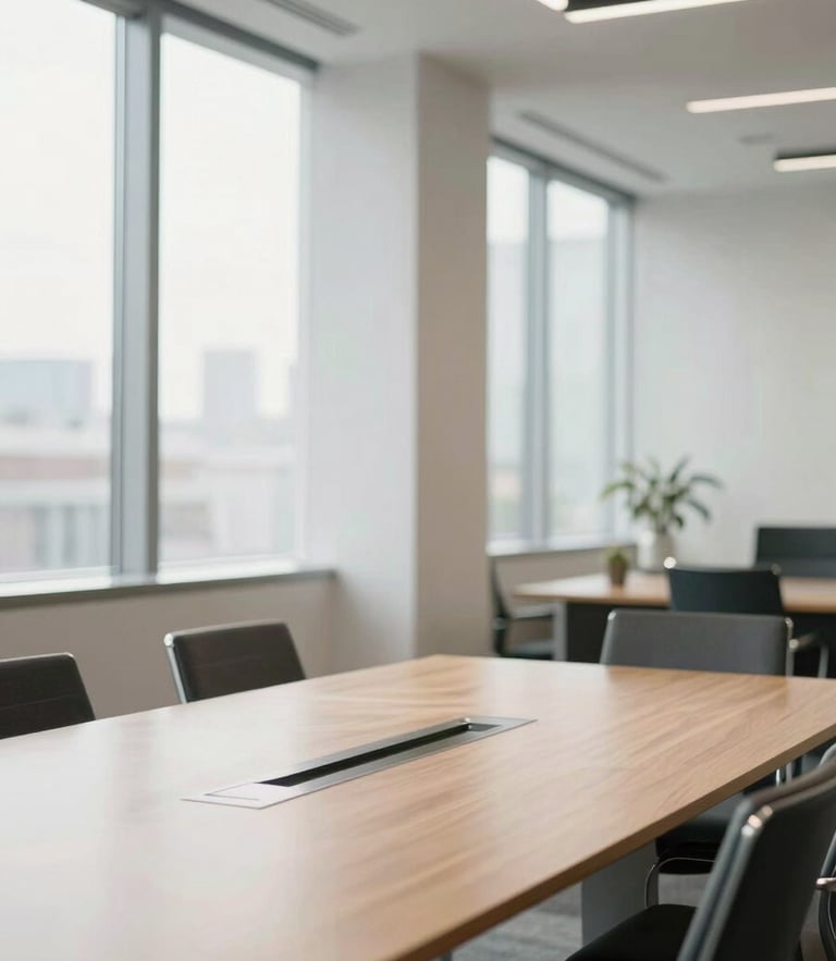 Bright modern office space with natural morning daylight, an empty conference table in the foreground, clean architectural lines, optimistic atmosphere.