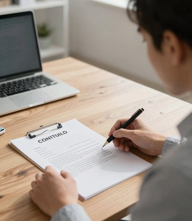 Over-the-shoulder view of a mentor reviewing a physical contract at a wooden table, bright morning daylight, clean modern office space.
