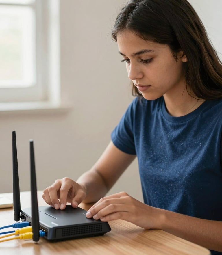 Un primer plano medio de una estudiante latinoamericana concentrada configurando un router físico, cables de red azul y amarillo visibles, iluminación de aula natural, fotografía editorial auténtica.