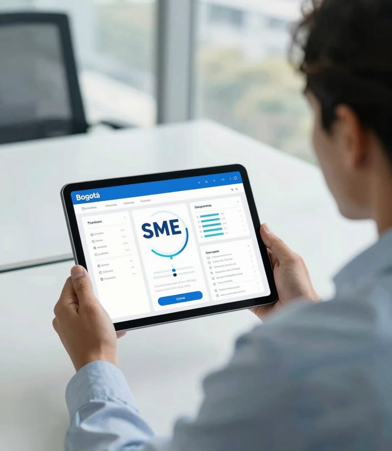 Over-the-shoulder shot of a professional consultant showing a clean security dashboard on a tablet to an SME business owner in a bright Bogotá office, natural daylight, cool slate tones