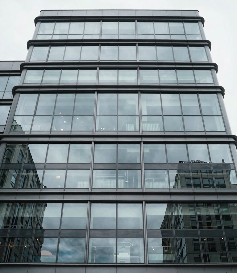 Straight-on architectural elevation of a modern glass and steel commercial building facade, overcast daylight, highly structured and technical framing.