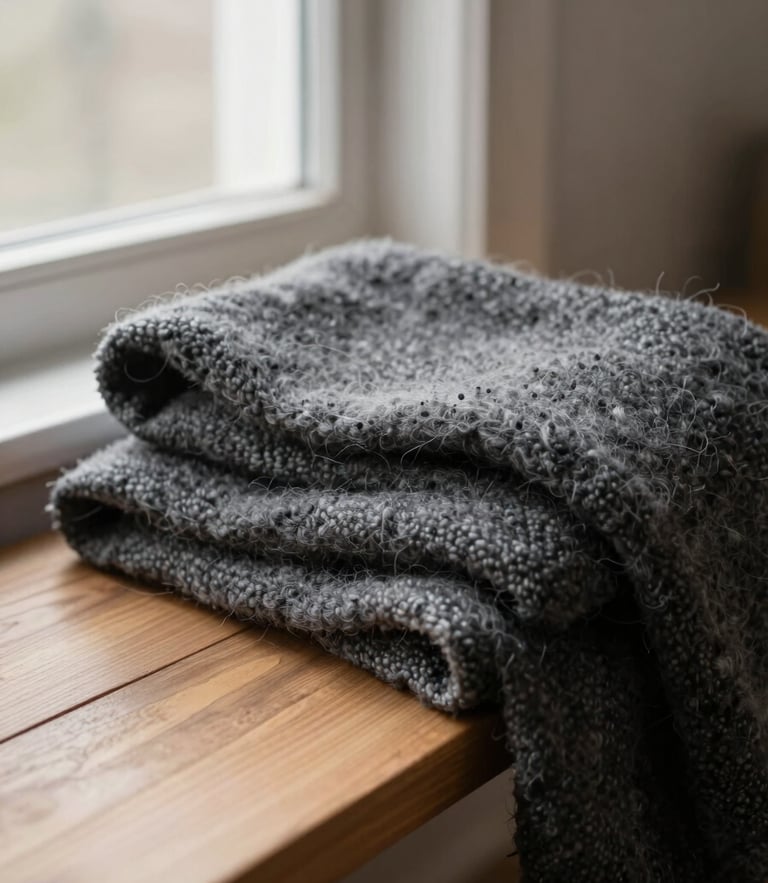 A heavy-gauge charcoal wool blanket draped over a raw wood bench in a quiet corner, soft morning light, shallow depth of field