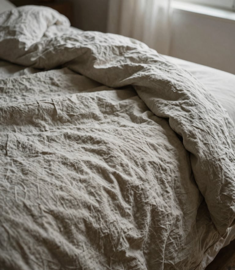 An unmade bed with a rumpled, heavy-gauge undyed linen quilt, natural light hitting the deep creases, 35mm tactile photography