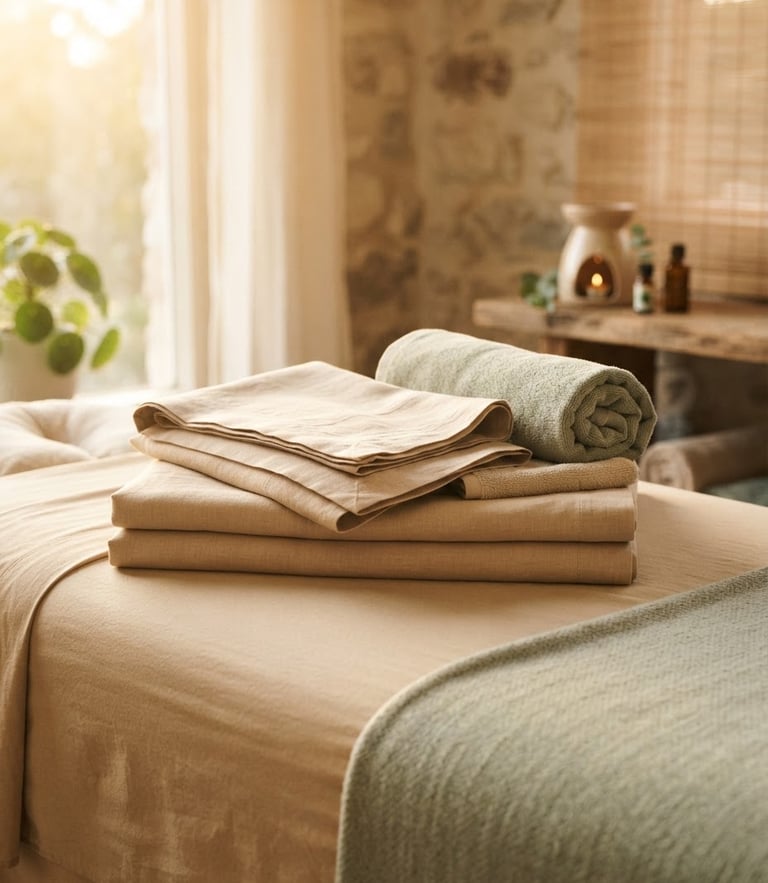 Close-up of neatly folded heated linen sheets on a massage table, soft golden-hour window light, warm sand-beige tones, serene spa environment