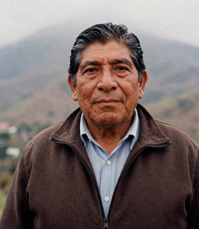 Dignified medium close-up of a community leader in the misty Sierra de Tlacolulan, soft overcast mountain light, warm earthy tones, respectful framing, 35mm film grain.
