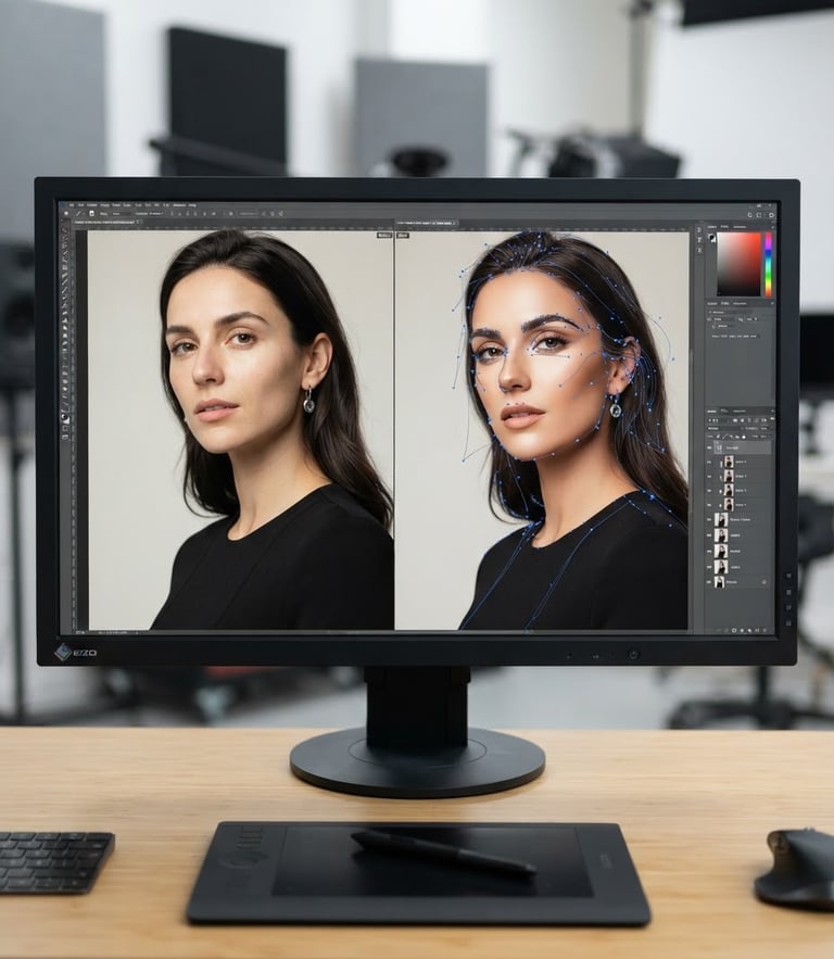 Sharp close-up of a high-end fashion model photo being edited on a color-calibrated monitor, showing clean vector paths and anchor points, neutral studio lighting, 50mm