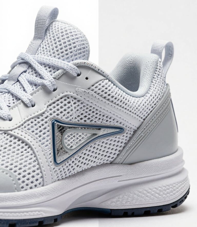 High-zoom detail of a complex mesh athletic shoe being isolated, vector pen tool paths visible, sharp studio lighting, neutral background.
