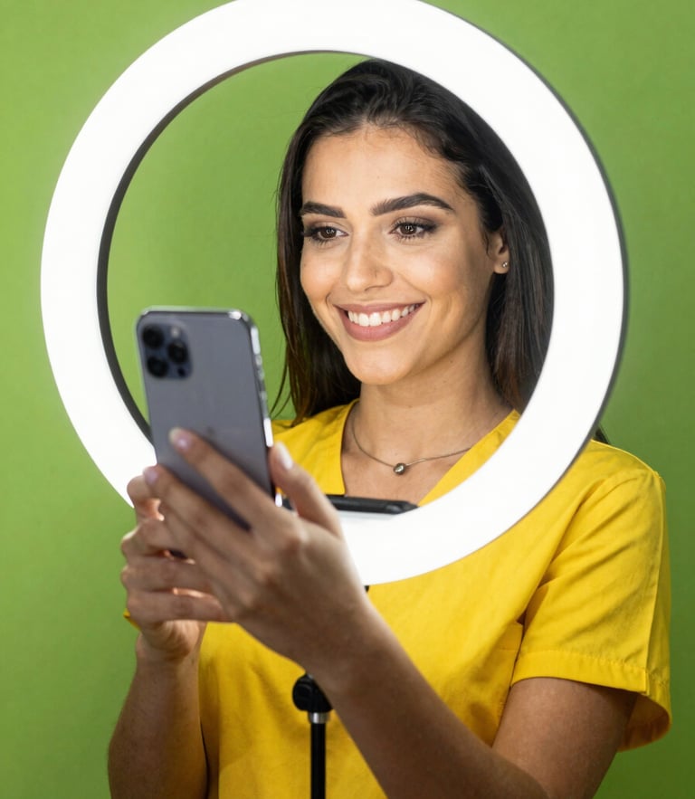 A friendly Brazilian beauty professional holding a smartphone and smiling, bright ring-light illumination, high-contrast lime green background, crisp details, 35mm lens