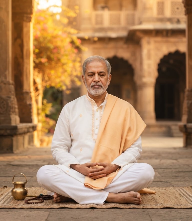 Dignified portrait of Dr. Maheboob R. Kureshi in a meditative posture, warm golden-hour light reflecting soft saffron tones, sharp focus, architectural background.