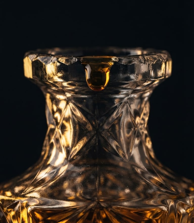 Macro portrait of a heavy crystal flacon reflecting golden side-lighting, amber oil droplet suspended on the rim, matte black background