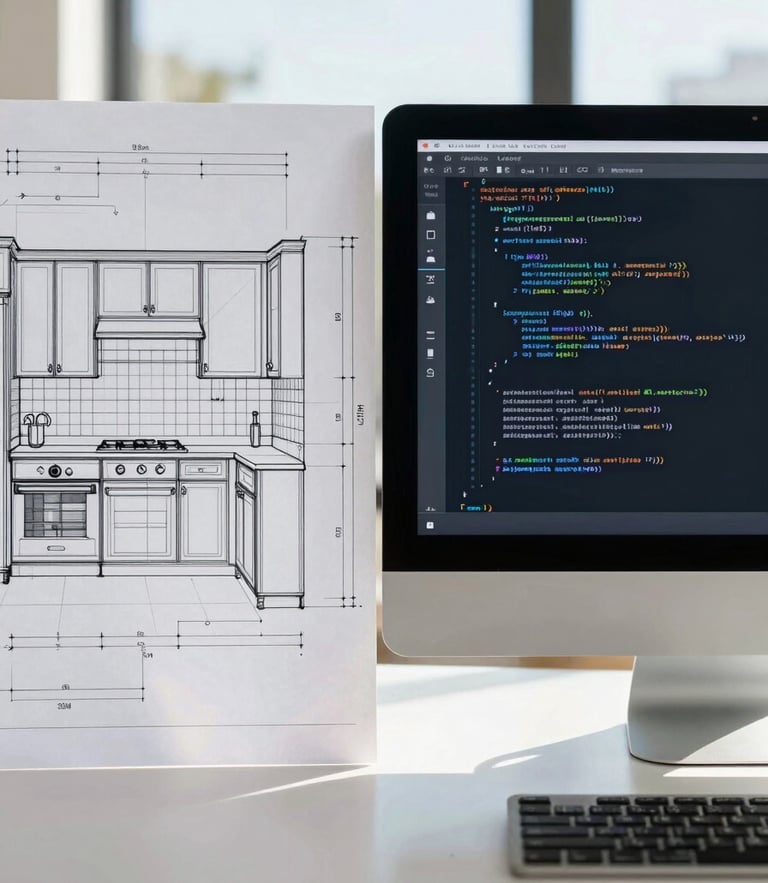 A split-screen composition showing a sharp architectural blueprint of a kitchen renovation on the left, and clean lines of code on a dark monitor on the right, bright natural daylight, 35mm