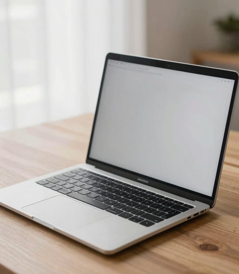 A pristine space gray MacBook Pro open on a clean wooden desk, bright natural morning light, shallow depth of field