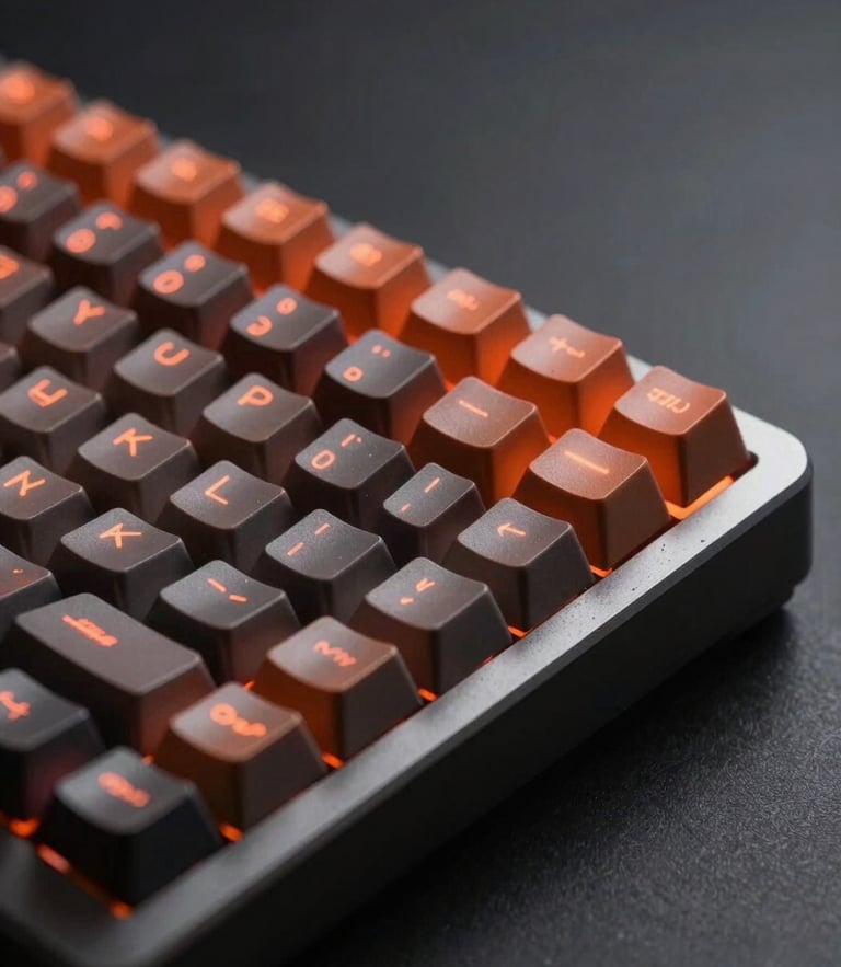 Close-up of a rugged mechanical keyboard with neon orange keycaps catching sharp studio rim light, dark graphite background