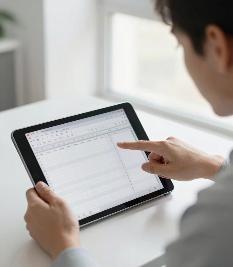 A close-up of a trainer's hands pointing at a tablet screen, guiding an adult student through an interactive Excel spreadsheet in a bright office environment under natural daylight.