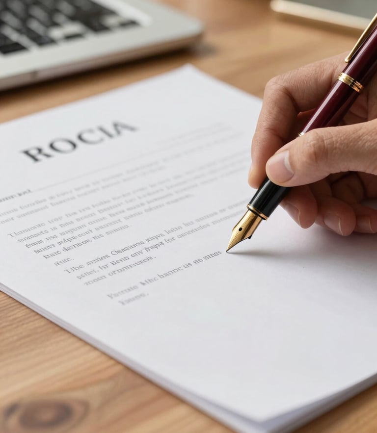 Macro shot of a fountain pen signing a structured legal contract on a warm wooden desk, soft focus, warm editorial lighting.
