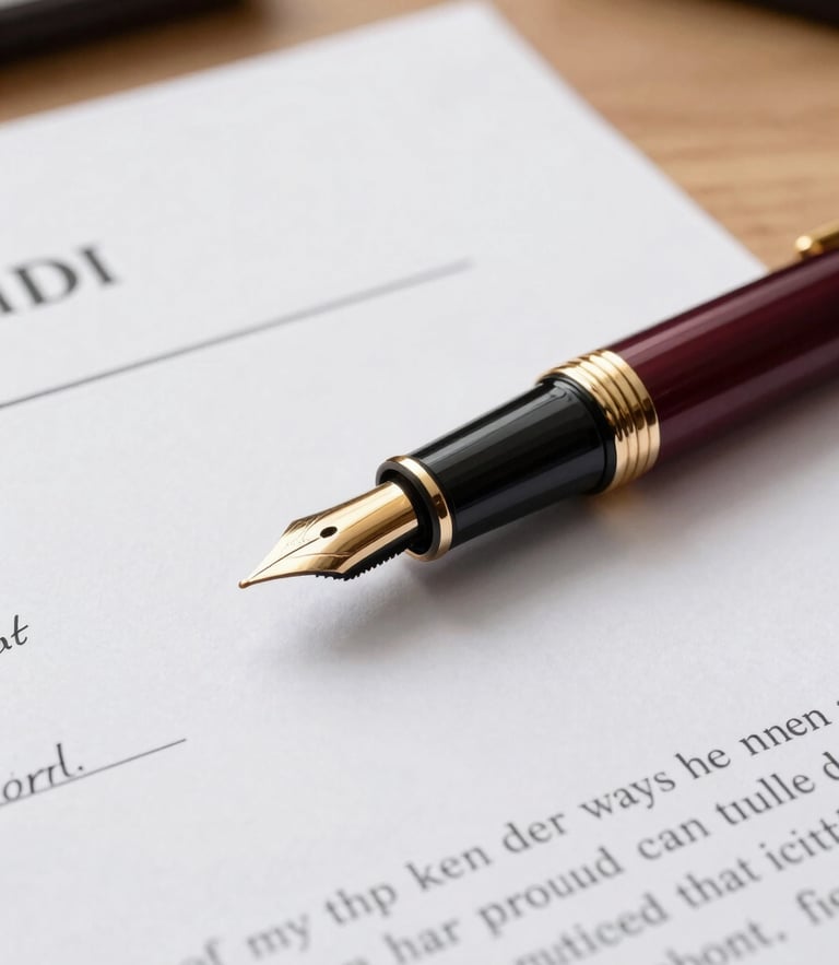 Macro shot of an elegant fountain pen resting on signed legal documents, warm natural office light, deep wine and gold details, shallow depth of field, 35mm.