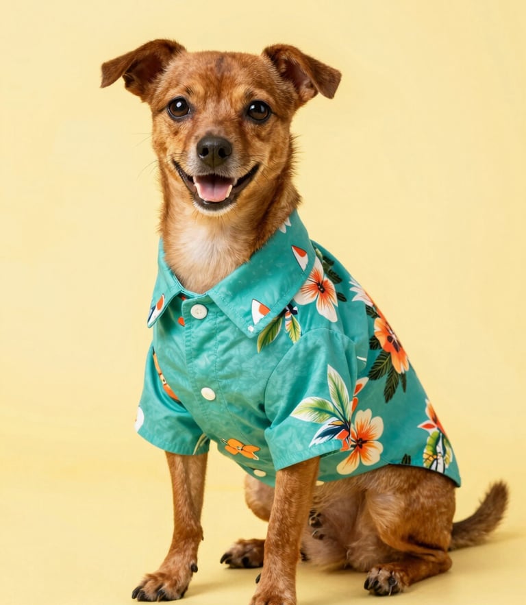 A happy small brown dog wearing a colorful teal Hawaiian shirt sitting proudly on a soft yellow background, bright studio lighting, eye-level medium shot