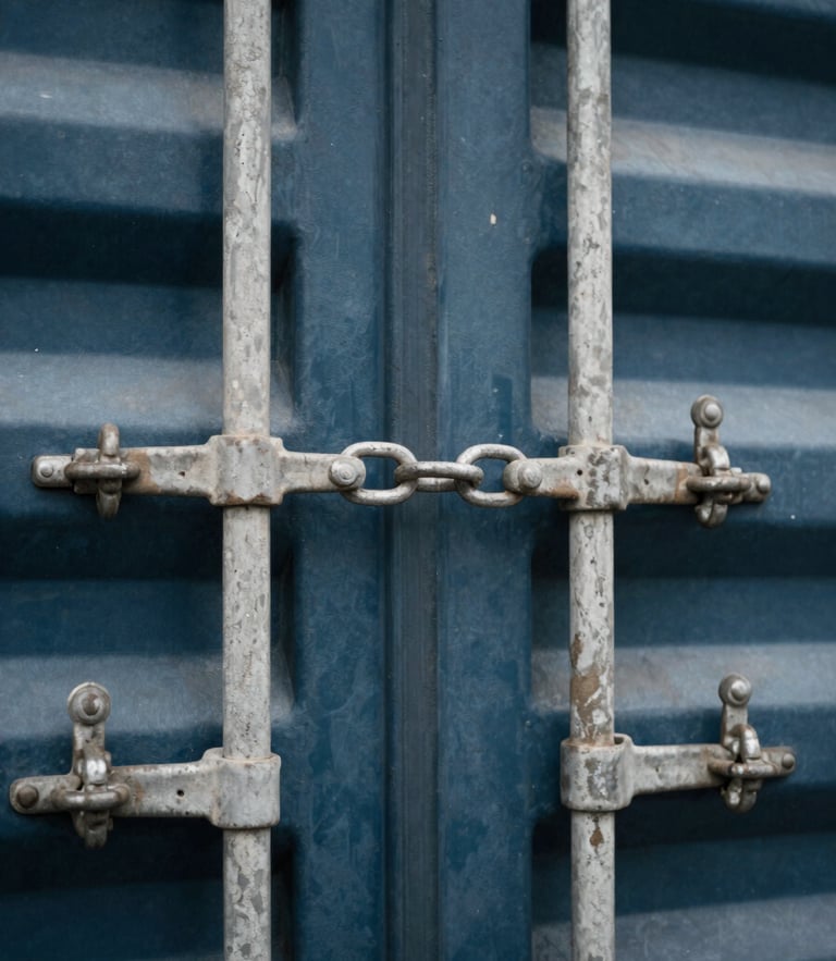 Close-up macro detail of heavy steel shipping container locks and chains, cool overcast daylight, desaturated steel and navy tones, sharp focus, 35mm.