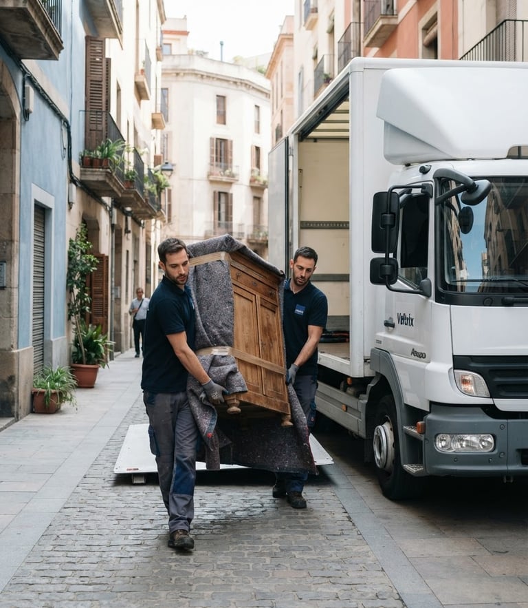 Sharp editorial photography of a clean white Veltrix moving truck parked on a quiet street in Barcelona, professional uniformed operators carefully carrying a protected wooden cabinet under bright natural daylight.