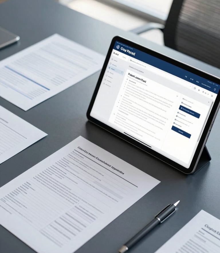 Overhead desk layout with neat financial documents, a modern digital tax portal open on a tablet, natural office daylight.
