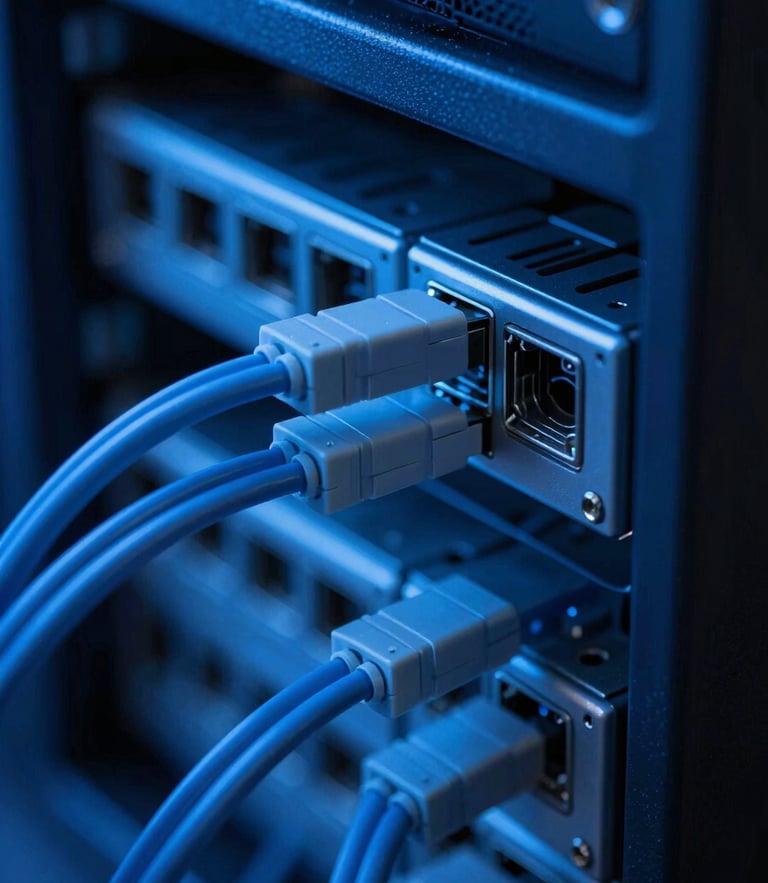 Macro close-up of physical server connections and fiber optic cables, high-contrast blueprint-blue directional lighting, deep shadows, sharp technical focus.