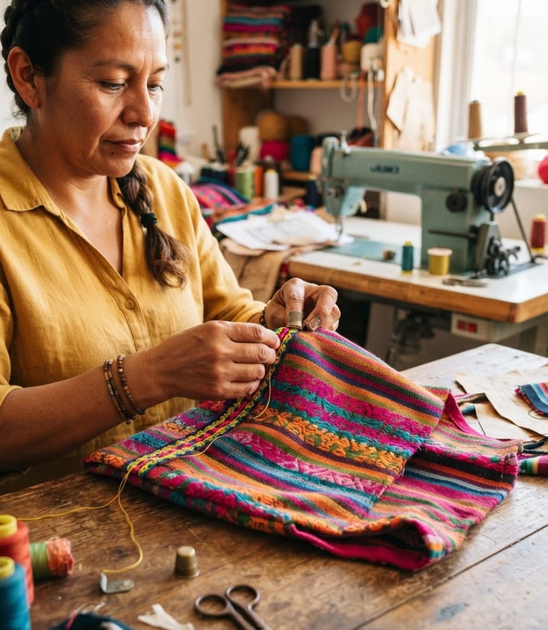 Close-up of hands carefully stitching a colorful Mexican textile pet vest in a sunlit workshop, sewing machine in the background, warm daylight.