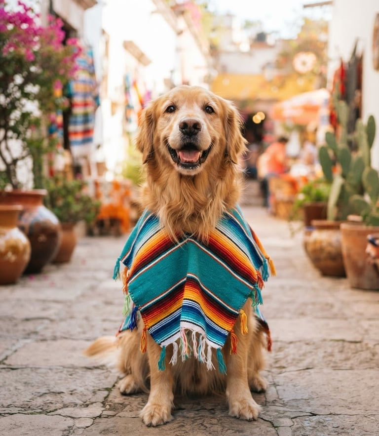 Cheerful lifestyle pet photography, bright natural daylight, a happy golden retriever wearing a colorful woven teal poncho, sitting in bright Mexican sunlight, shallow depth of field, 35mm