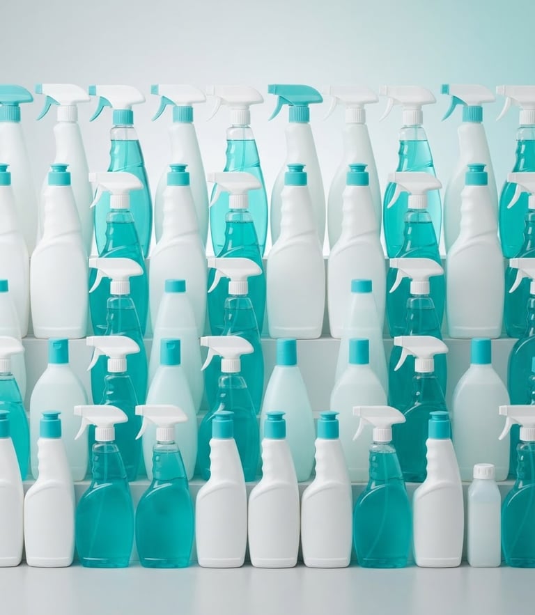 Bright high-key studio shot of neatly stacked white and turquoise cleaning product bottles on a light gray surface, sharp focus, commercial style