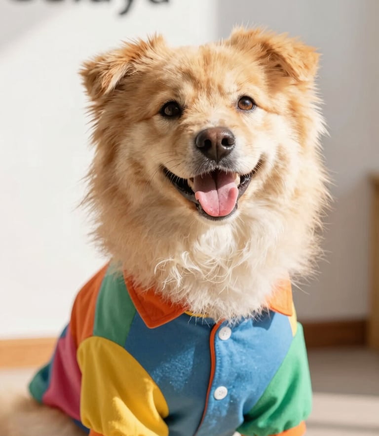 Close-up of a happy fluffy dog wearing a colorful custom shirt, bright warm daylight, shallow depth of field, Celaya workshop backdrop