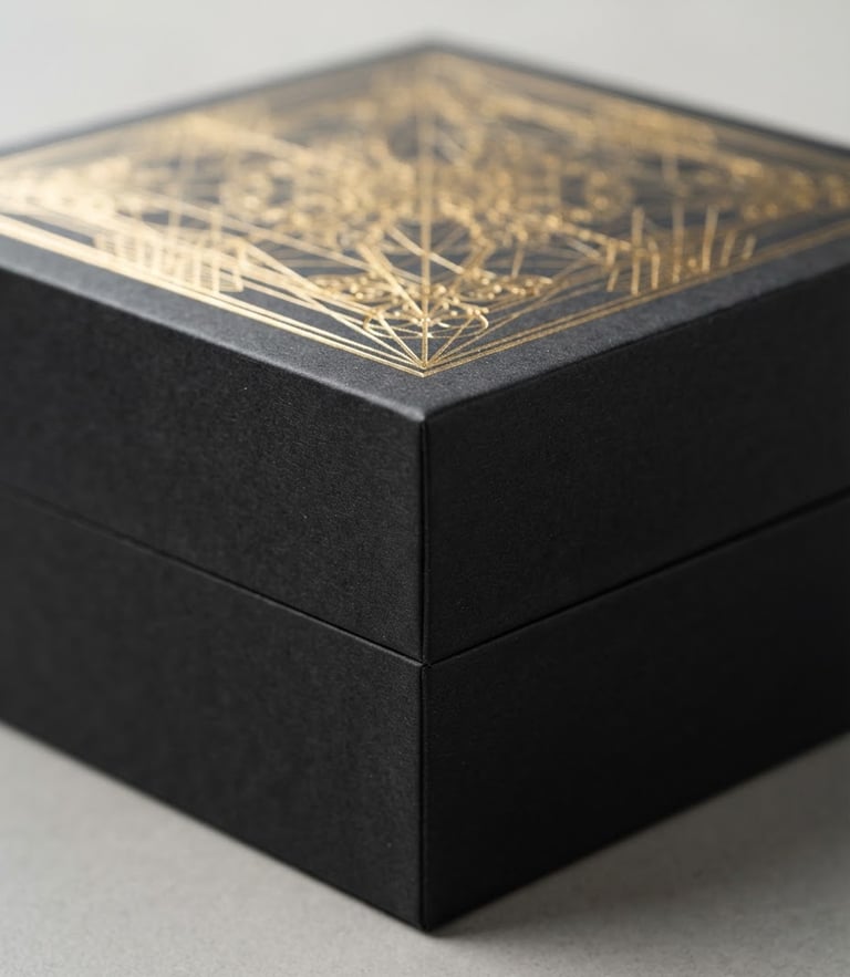 Close-up of a pristine matte black rigid box with crisp edges and precise foil stamping, soft studio lighting, neutral minimalist backdrop, 85mm