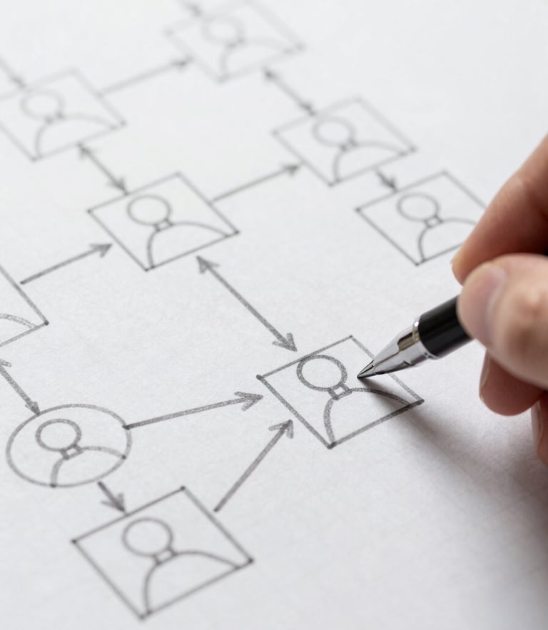 Macro close-up of a hand sketching a structured user journey flowchart on a crisp white grid paper, sharp daylight shadows, technical blueprint aesthetic.