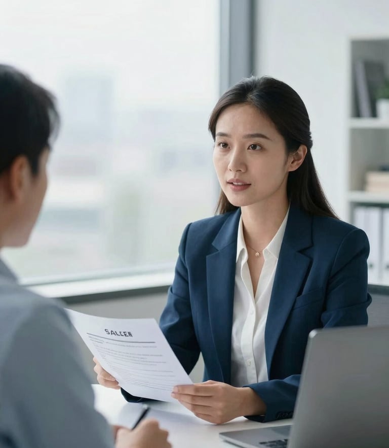 Professional insurance agent in a bright, modern Salem office, discussing policy details with a client, natural overcast window light, professional corporate editorial.