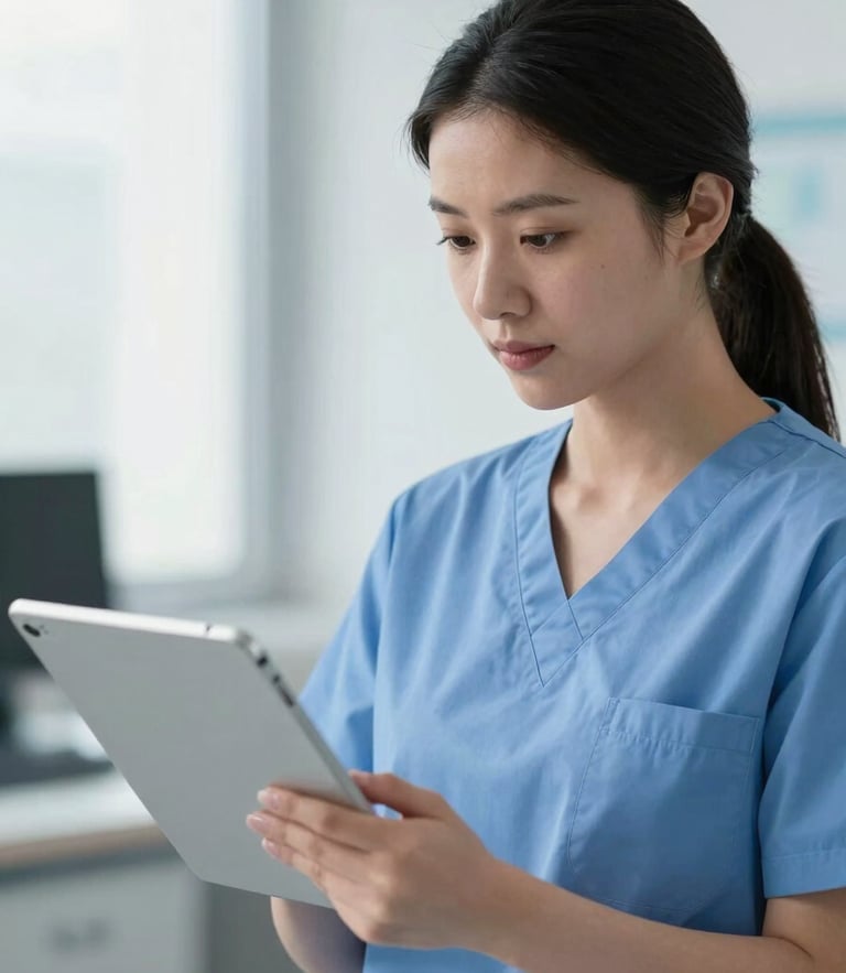 Medium close-up of a professional female physician in clean blue scrubs looking at a tablet screen in a bright, clinical, neutral daylight hospital office.