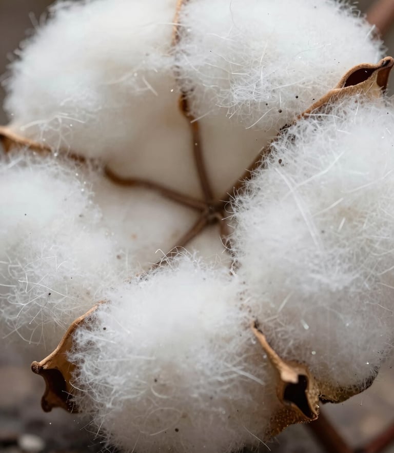 Macro close-up of an organic cotton weave under bright task lighting, highlighting millimeter precision in the textile structure.